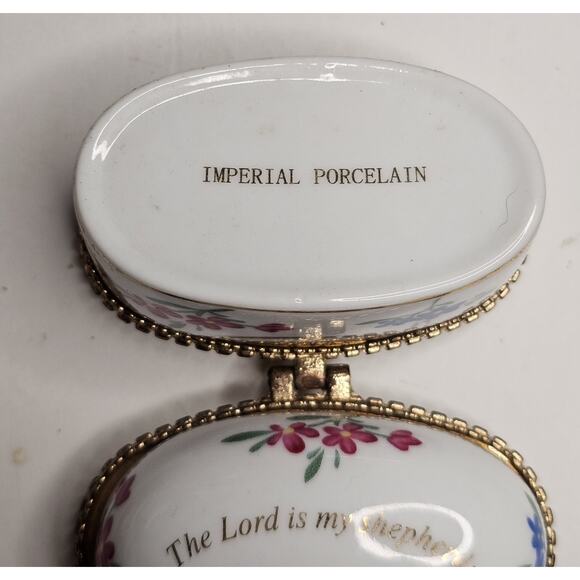 Imperial Porcelain Trinket Box Floral Religious Psalm The Lord Is My Shepherd - Picture 6 of 8